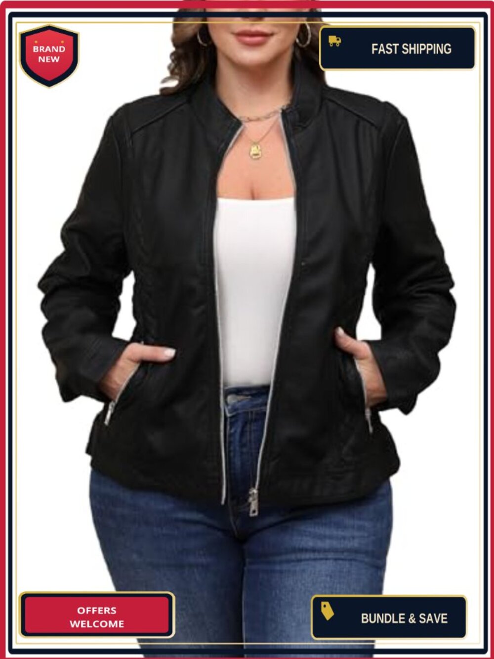 Women's Faux Leather Moto Jacket Stand Collar Zip